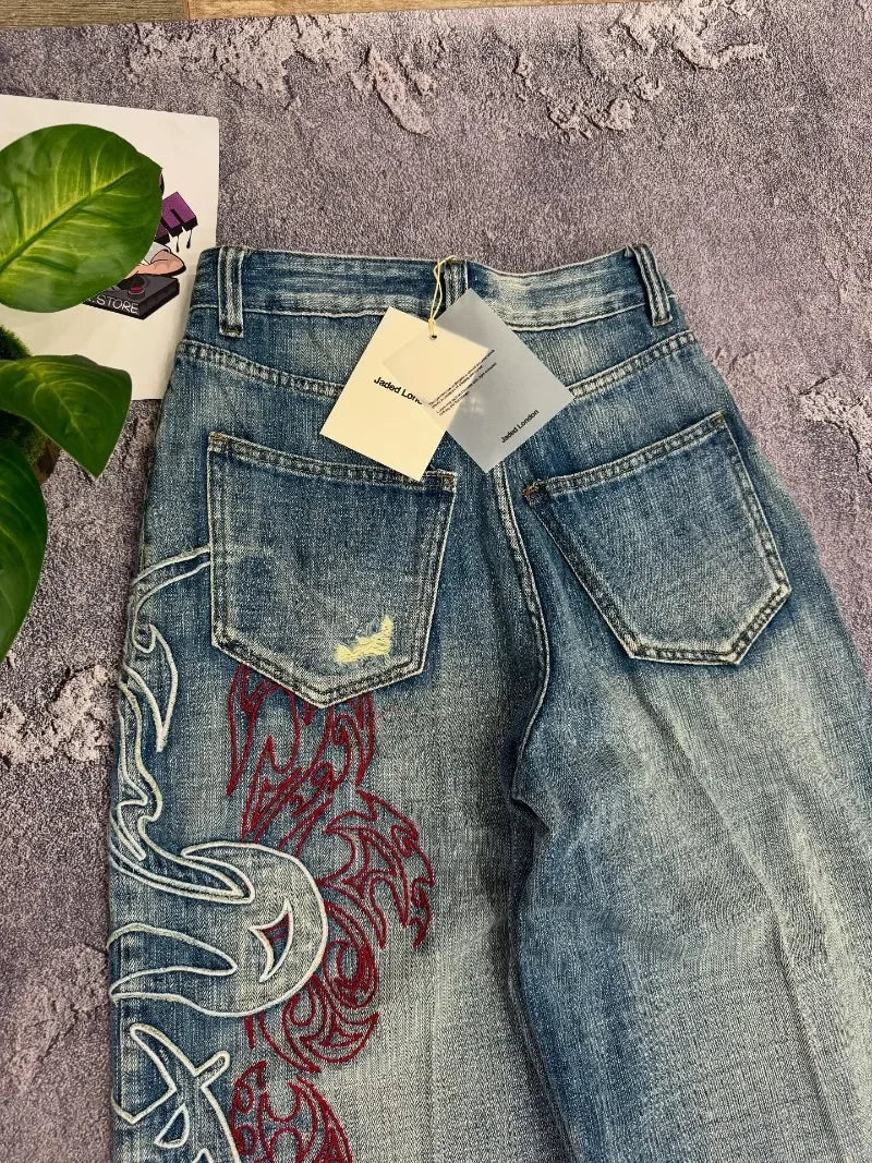 Youngzz Vintage Pattern Blue Baggy Jeans