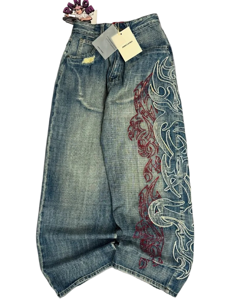 Youngzz Vintage Pattern Blue Baggy Jeans