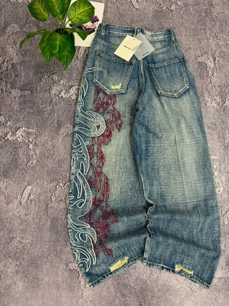 Youngzz Vintage Pattern Blue Baggy Jeans